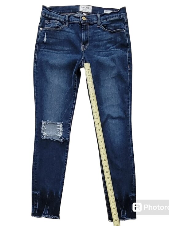 Frame Denim Crop Jeans Thorpe Dark Wash Raw Hem Distressed Size 29 - Picture 11 of 12